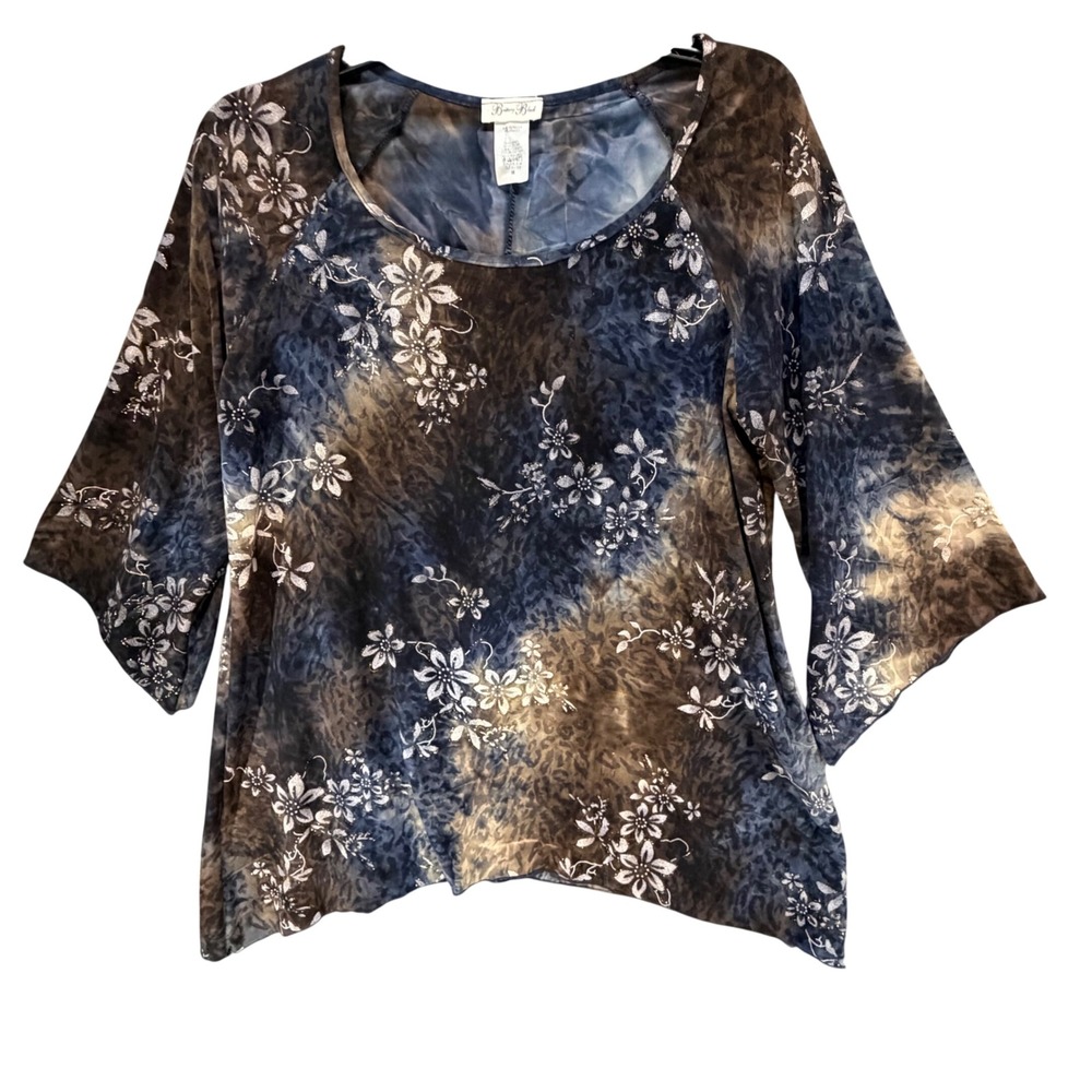 Brittany Black Y2K Floral Shimmer Top Women M Brown Blue 3/4 Flare Sleeve Fairy